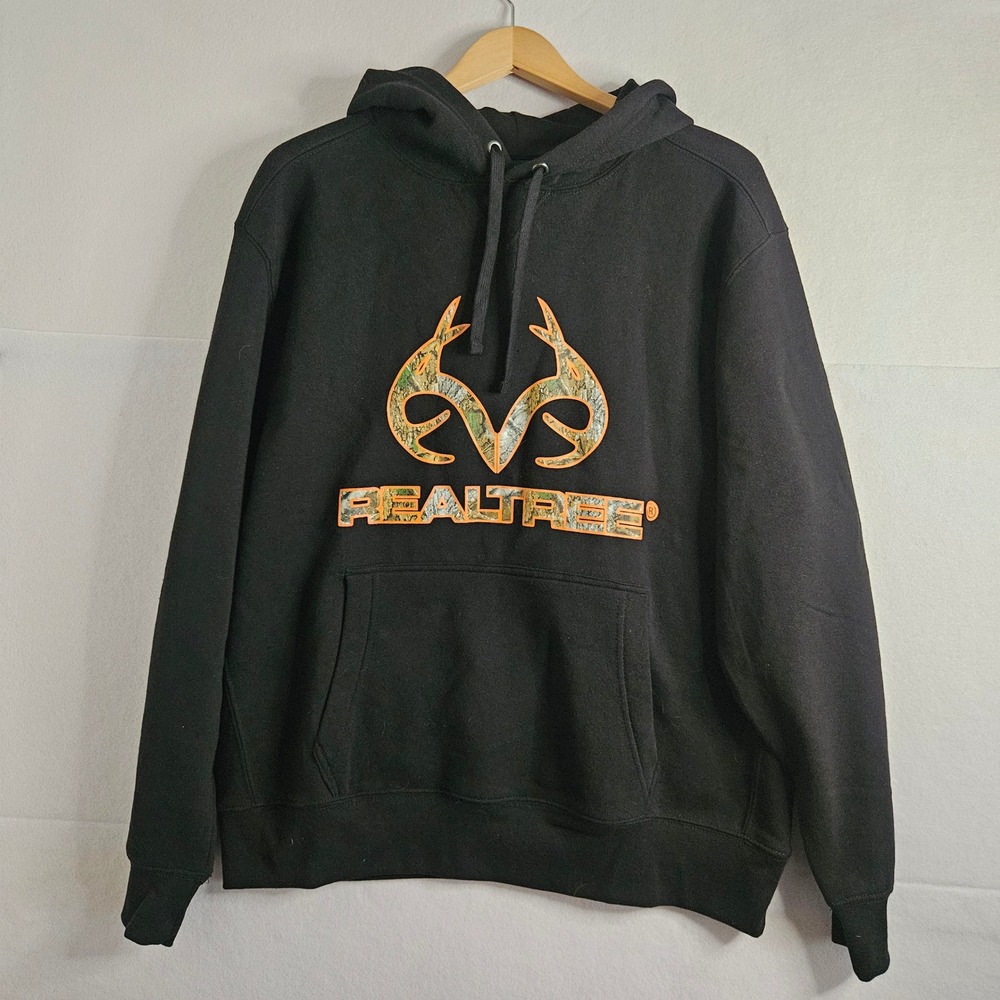 Realtree APX Mens Hoodie Black Camo Logo Fleece Sweatshirt Large NWT 16902